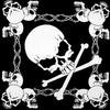 Gráfico en blanco y negro con calaveras conectadas por bandas tejidas, diseño para accesorio de moda.