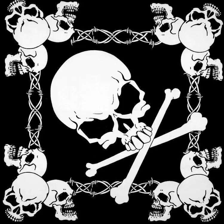Gráfico en blanco y negro con calaveras conectadas por bandas tejidas, diseño para accesorio de moda.