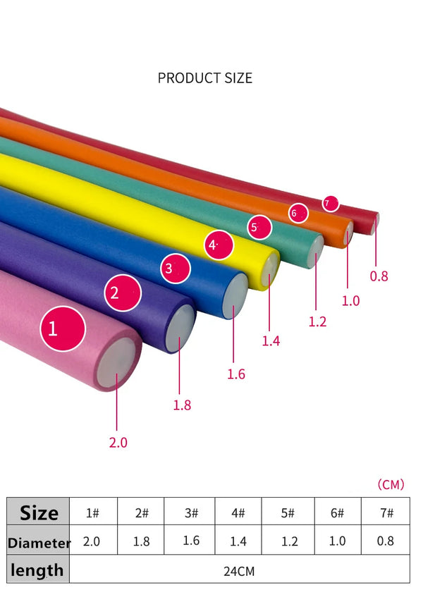 A set of ten flexible heatless hair curling rods in various colors and diameters, shown in a row.