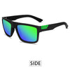 Three pairs of polarized sport sunglasses shown from the front and side views in green and orange colors.