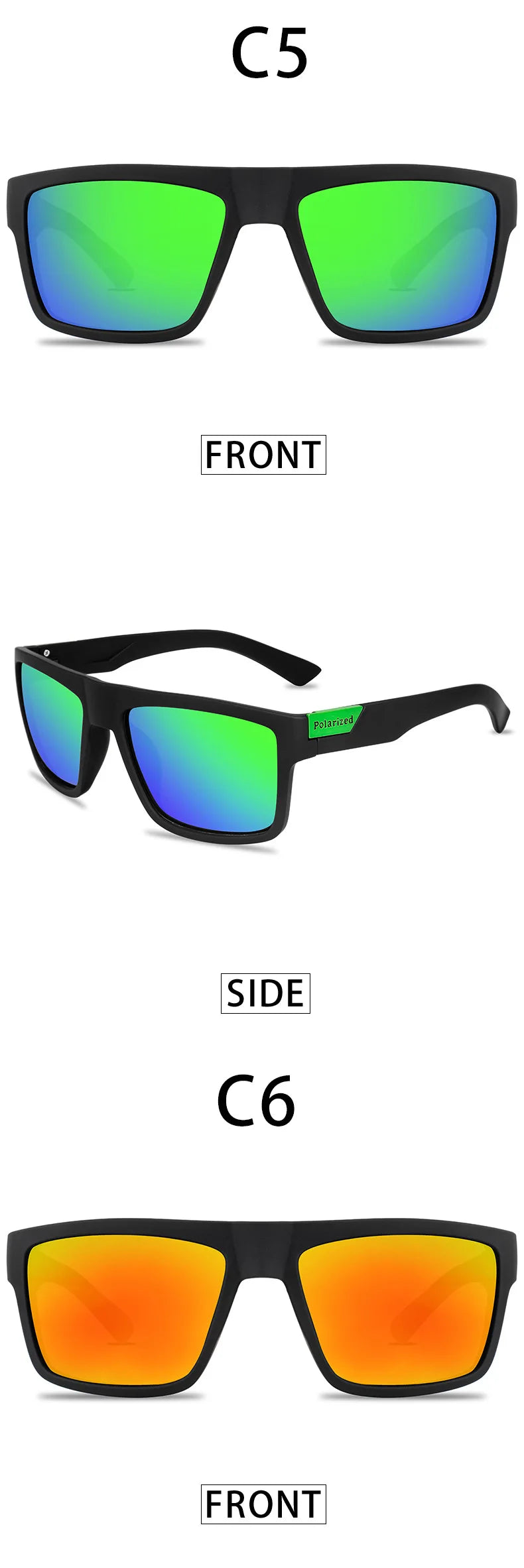 Three pairs of polarized sport sunglasses shown from the front and side views in green and orange colors.