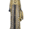 Elegant printed silk kaftan dress featuring a black and gold leopard print