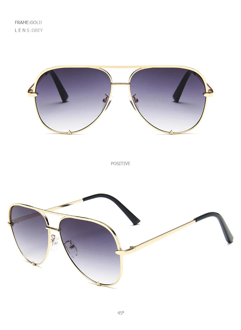 Gold frame aviator sunglasses with grey lenses shown in a straight-on view.
