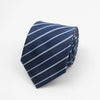 Navy blue striped necktie with small dots folded and displayed on a white background.