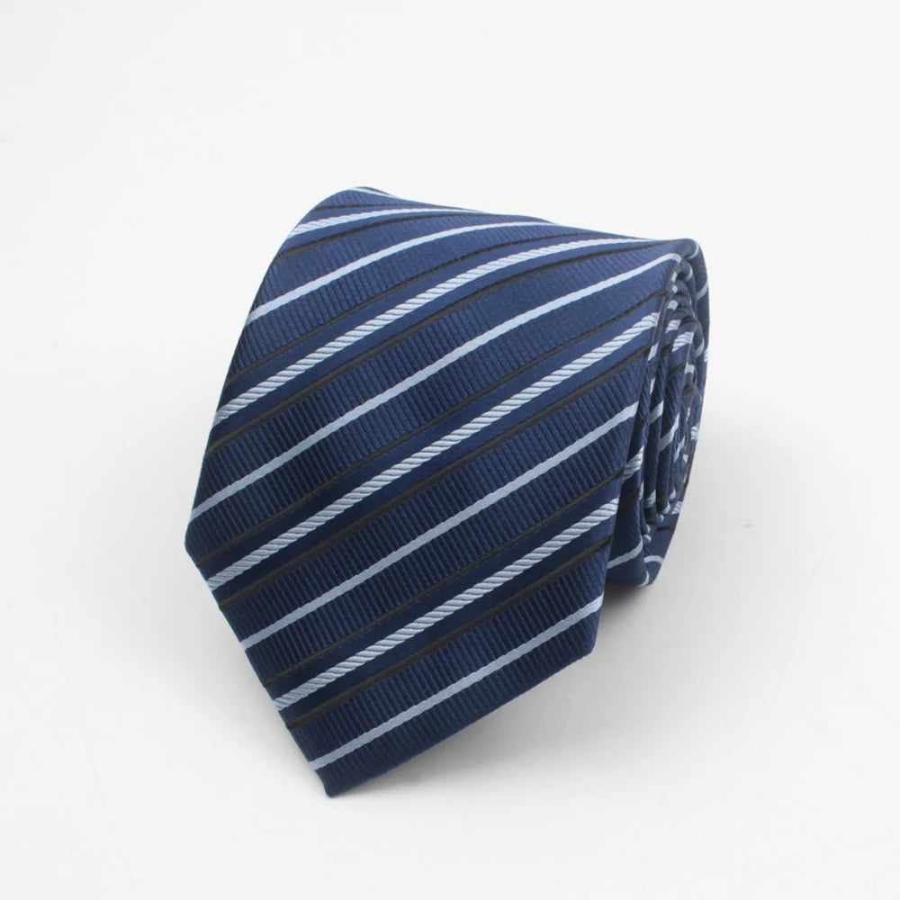 Navy blue striped necktie with small dots folded and displayed on a white background.