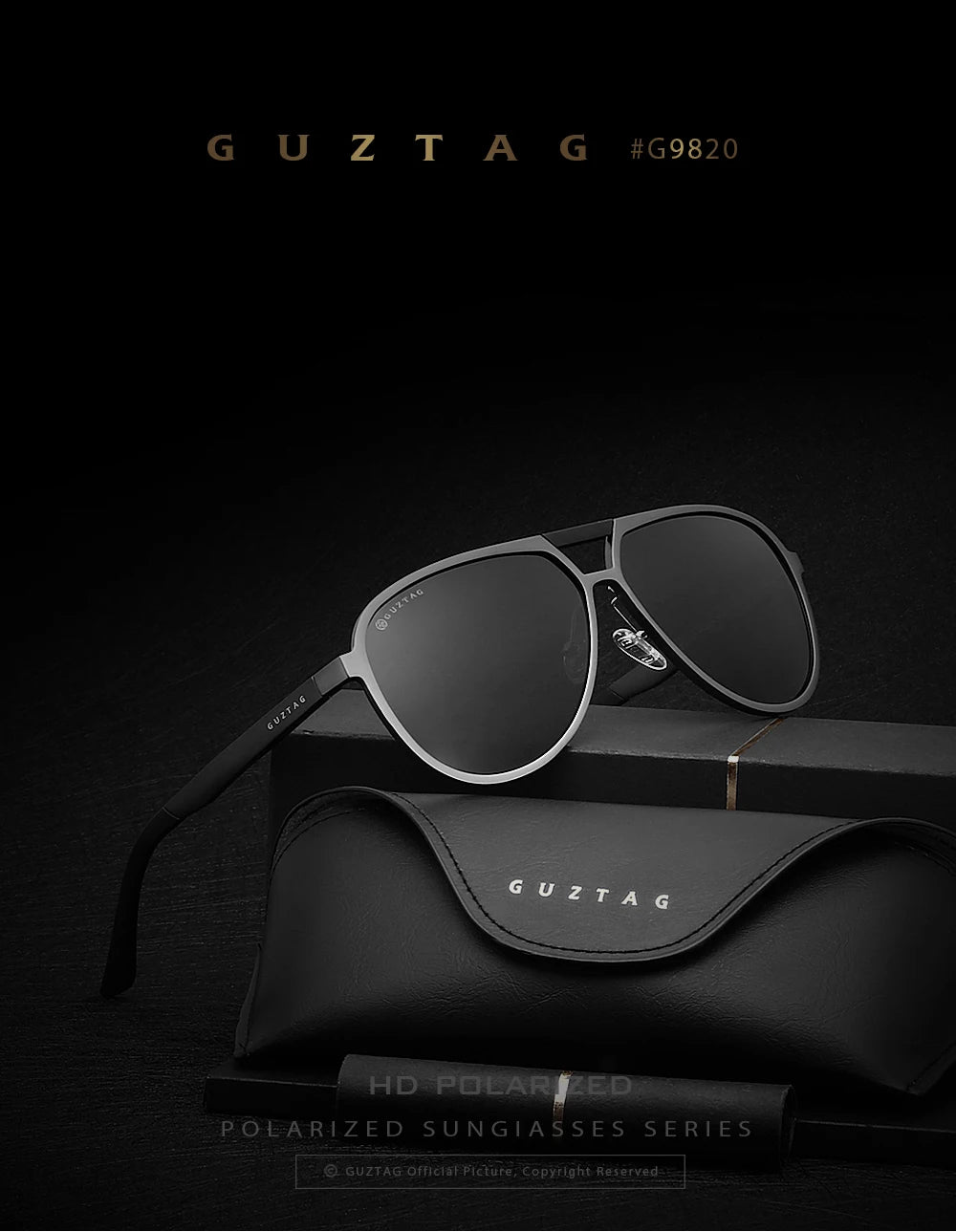 Ein Paar schwarze GUZTAG polarisierte Sonnenbrille auf einer schwarzen Lederhülle.