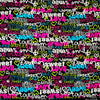 Pañuelo de tela negro con diseños de texto y corazón en colores brillantes como rosa, amarillo y verde.