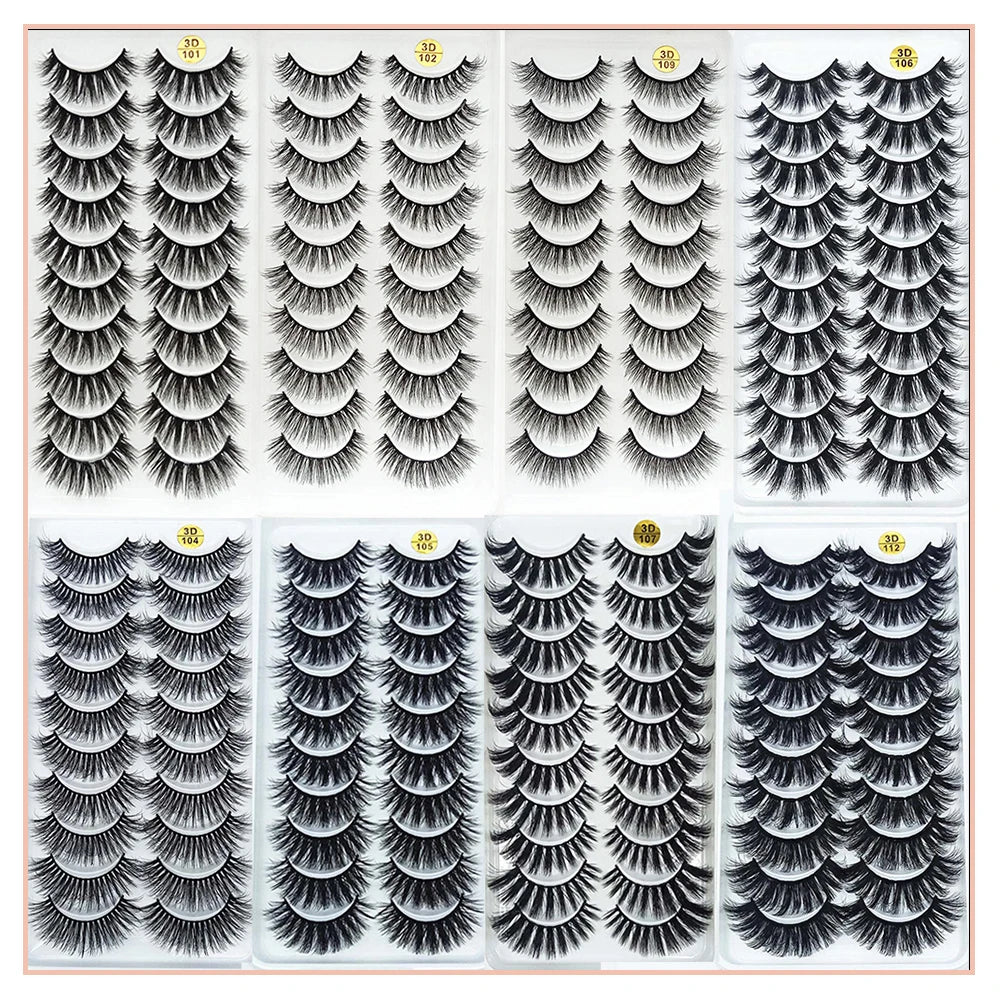 A collection of dramatic mink false eyelashes displayed in various styles and lengths.