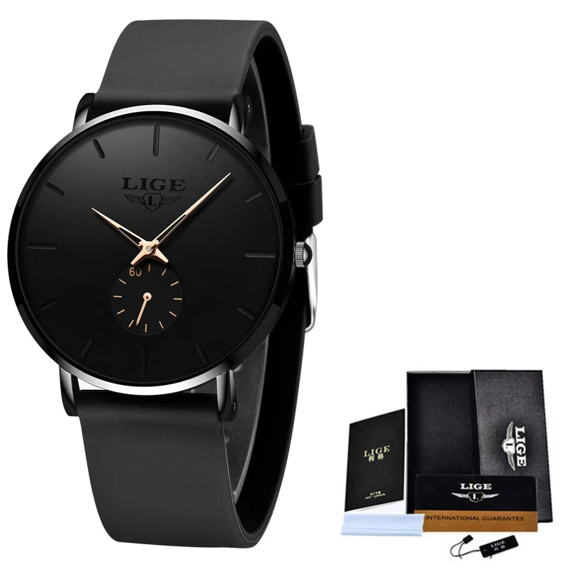 A black LIGE mens quartz sport watch with a stainless steel case and black strap.