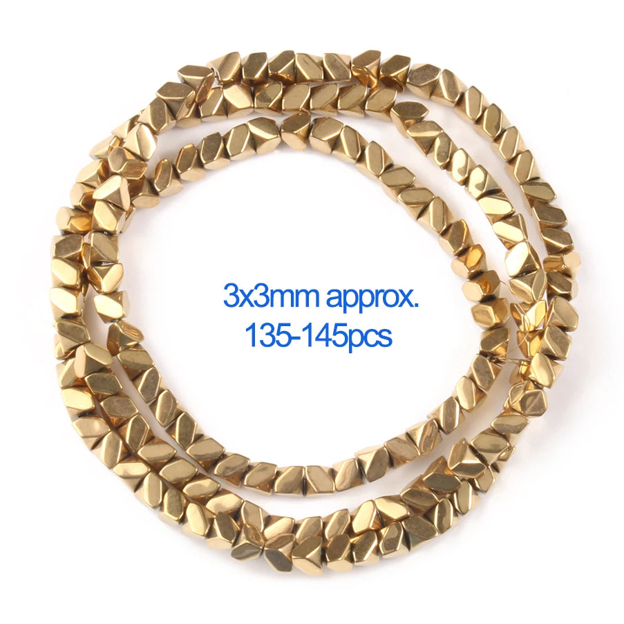 A circular arrangement of gold-plated hematite round cube beads for DIY jewelry.