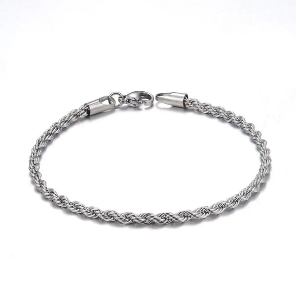 A silver stainless steel twisted rope chain bracelet laid flat on a white background.