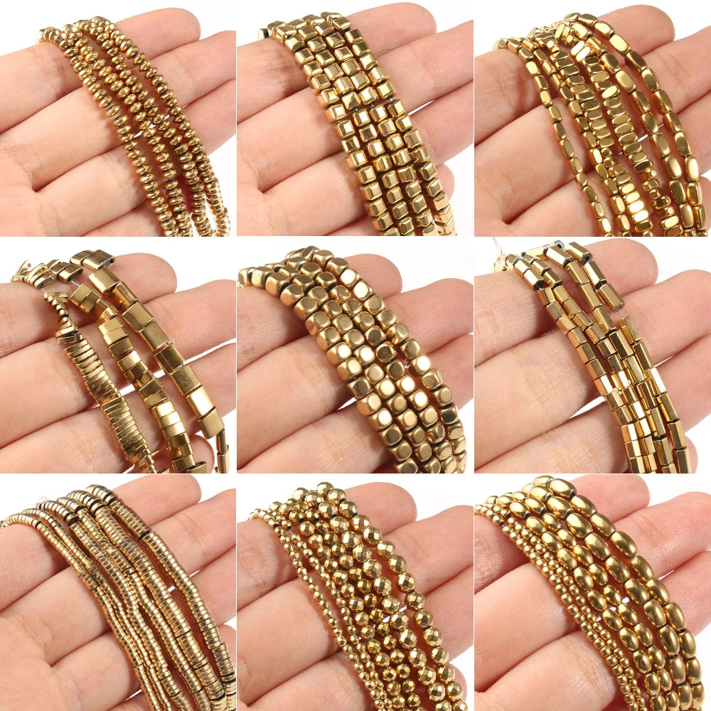 Various strands of gold-plated hematite round cube beads for DIY jewelry displayed on hands.