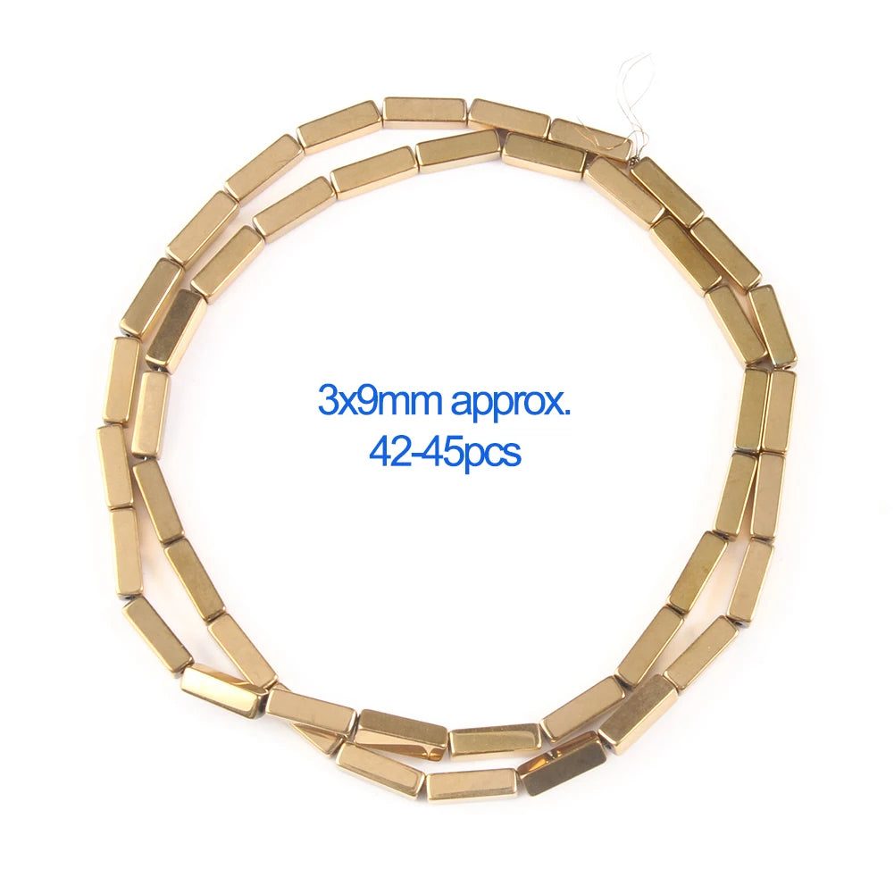 A string of gold-plated hematite round cube beads, approximately 3x9mm, for DIY jewelry.