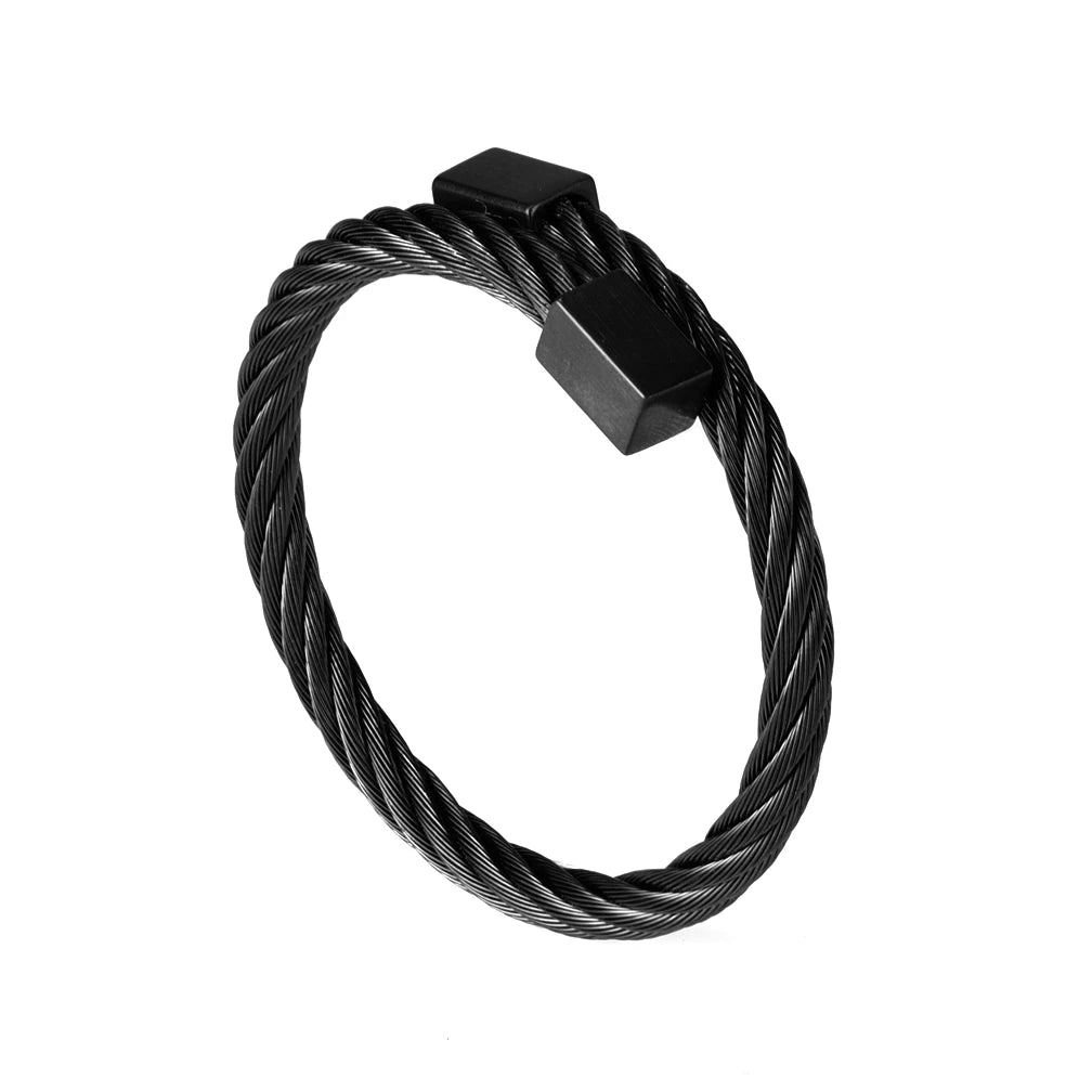 A black braided stainless steel bracelet with a square clasp.