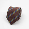 A dark brown necktie with thin blue stripes and small yellow dots, folded and displayed against a white background.