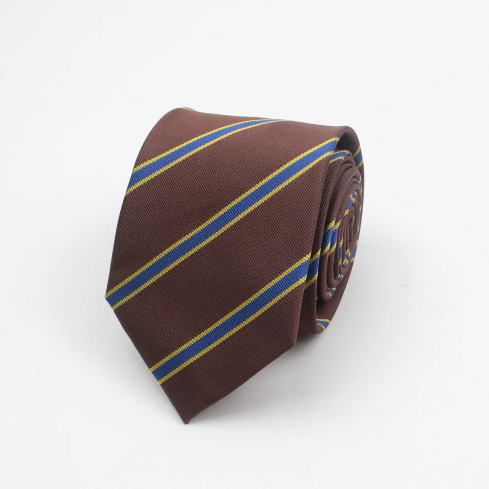 A dark brown necktie with thin blue stripes and small yellow dots, folded and displayed against a white background.