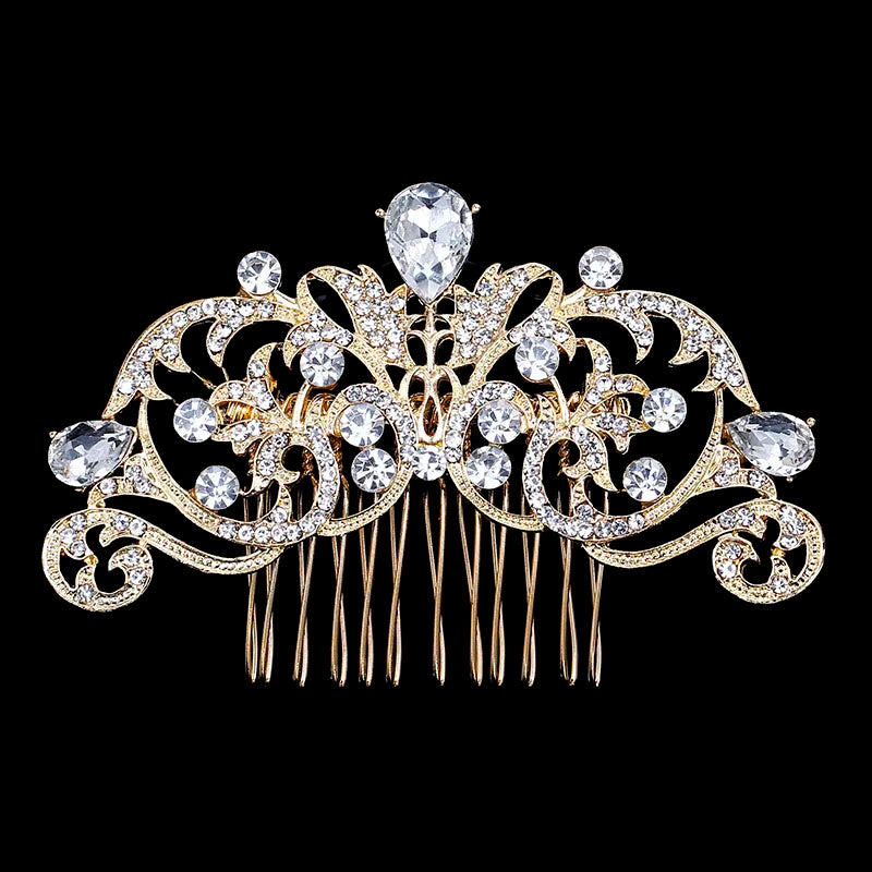 Gold-toned bridal hair comb tiara featuring clear rhinestones and a central diamond-shaped stone.