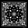 Diseño gráfico en blanco y negro con calaveras y patrones decorativos en una prenda.
