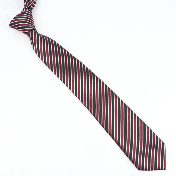 A classic men's tie featuring vertical stripes in black, red, and gray tones.