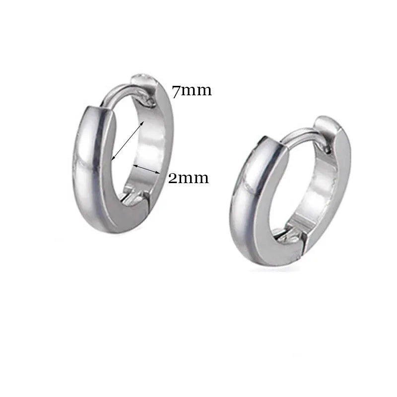 Silver minimalist hoop earrings shown with size measurements of 7mm and 2mm