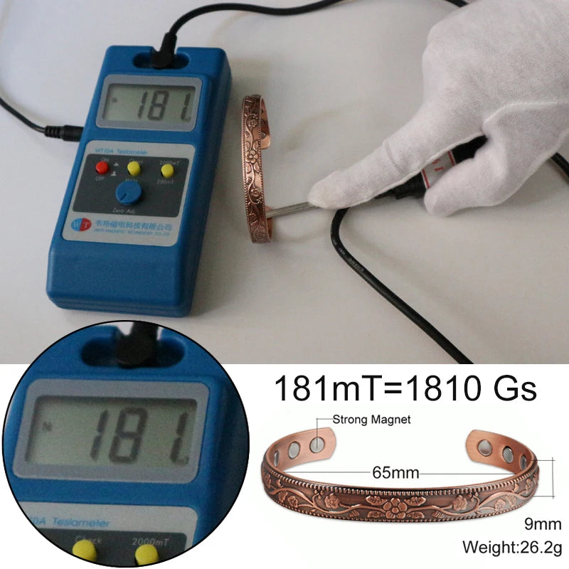 A blue digital meter displays 181 mT, next to a copper magnetic bangle and its specifications.