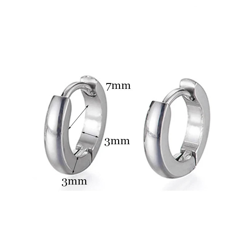A pair of minimalist gold hoop earrings shown with various size measurements.