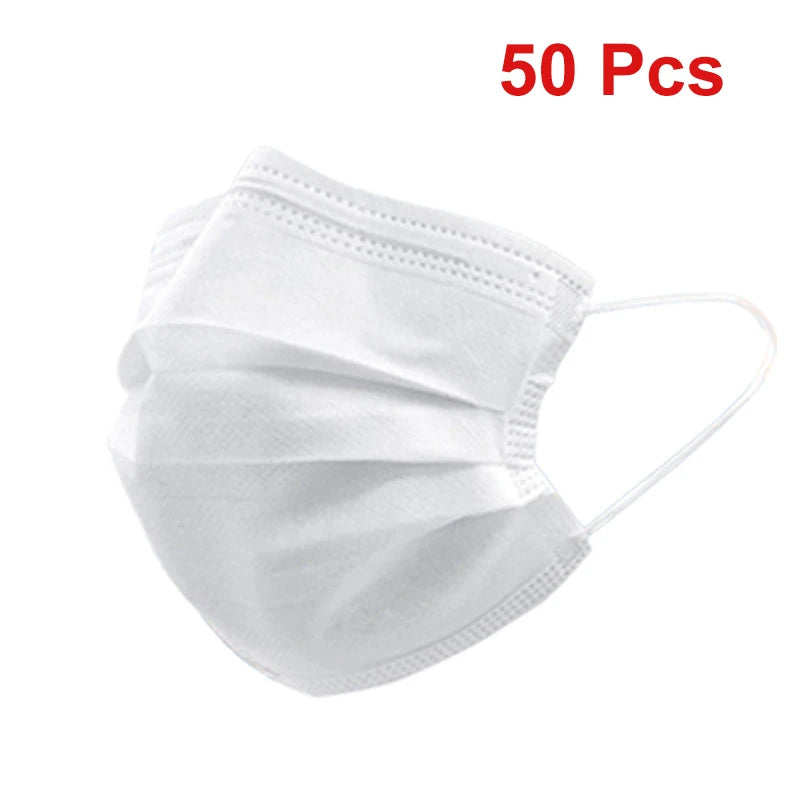 A pack of 50 white disposable face masks.