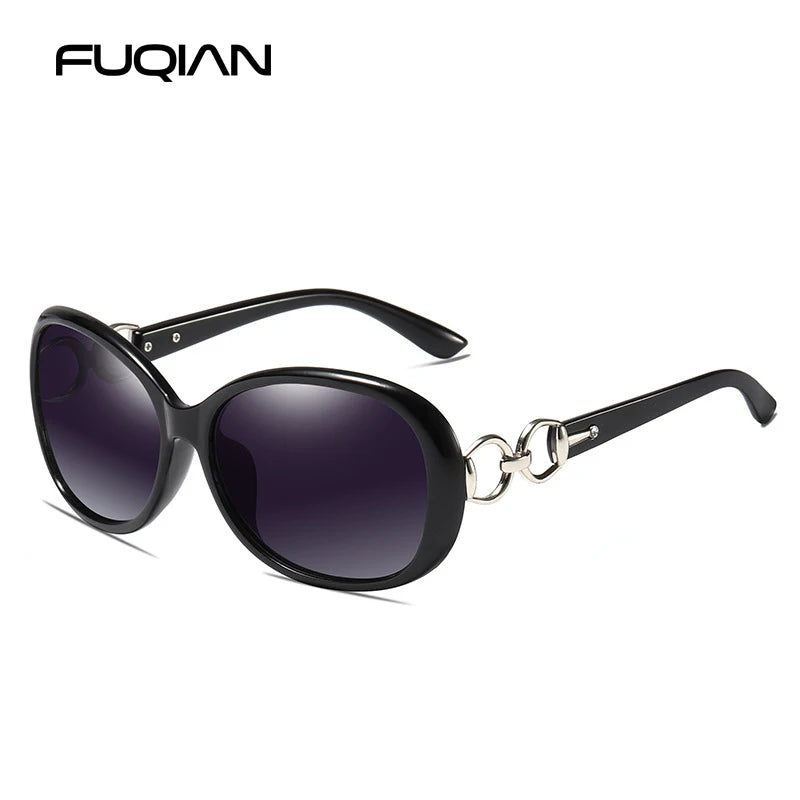 Schwarze klassische Oversized UV400 Sonnenbrille mit goldfarbener Kettendetail