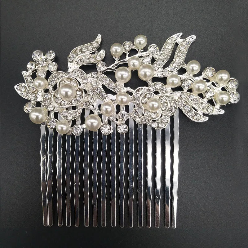 Silver rhinestone bridal hair comb tiara featuring pearl and crystal embellishments