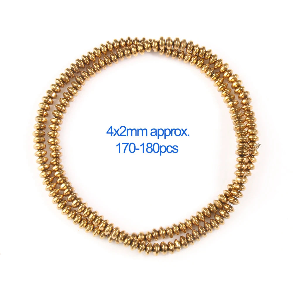 A circular strand of gold-plated hematite round cube beads for DIY jewelry.