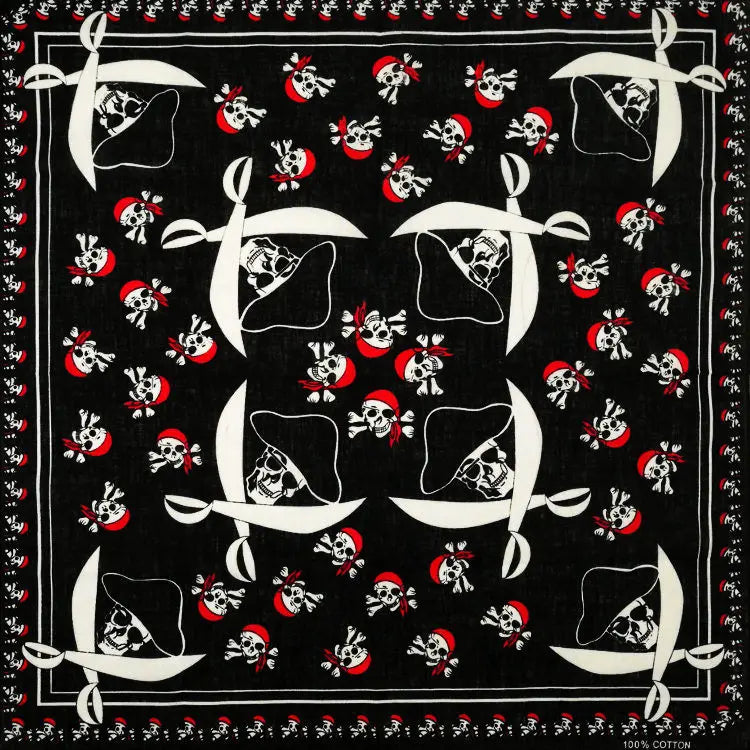 Tela negra con patrones de calaveras blancas y acentos rojos, con un diseño de motivo repetitivo.
