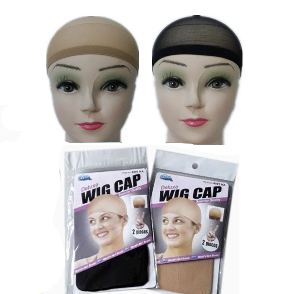 Two models display a beige wig cap product, packaged with instructions.