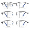 A pair of progressive multifocus reading glasses with blue light protection shown in various magnification settings.