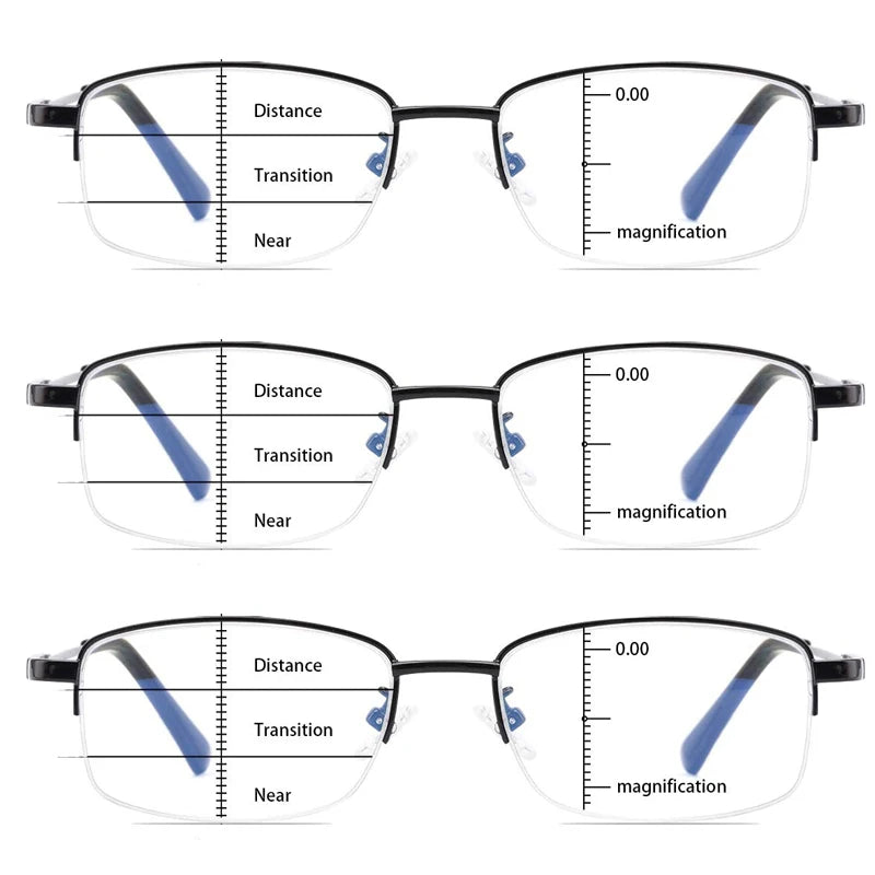 A pair of progressive multifocus reading glasses with blue light protection shown in various magnification settings.