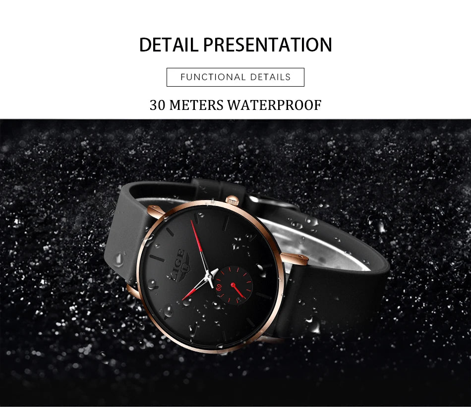 A black quartz sport watch with a gold-toned bezel and strap is shown against a dark, wet background.
