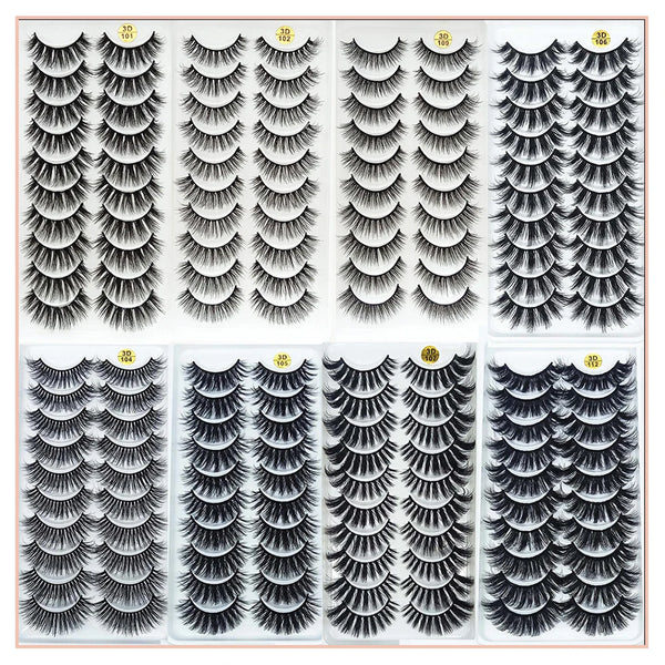 A collection of dramatic mink false eyelashes displayed in various styles and lengths.