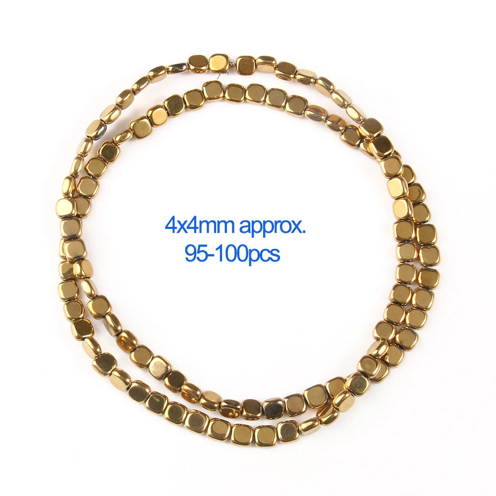A string of gold-plated hematite round cube beads, approximately 4x4mm, for DIY jewelry.