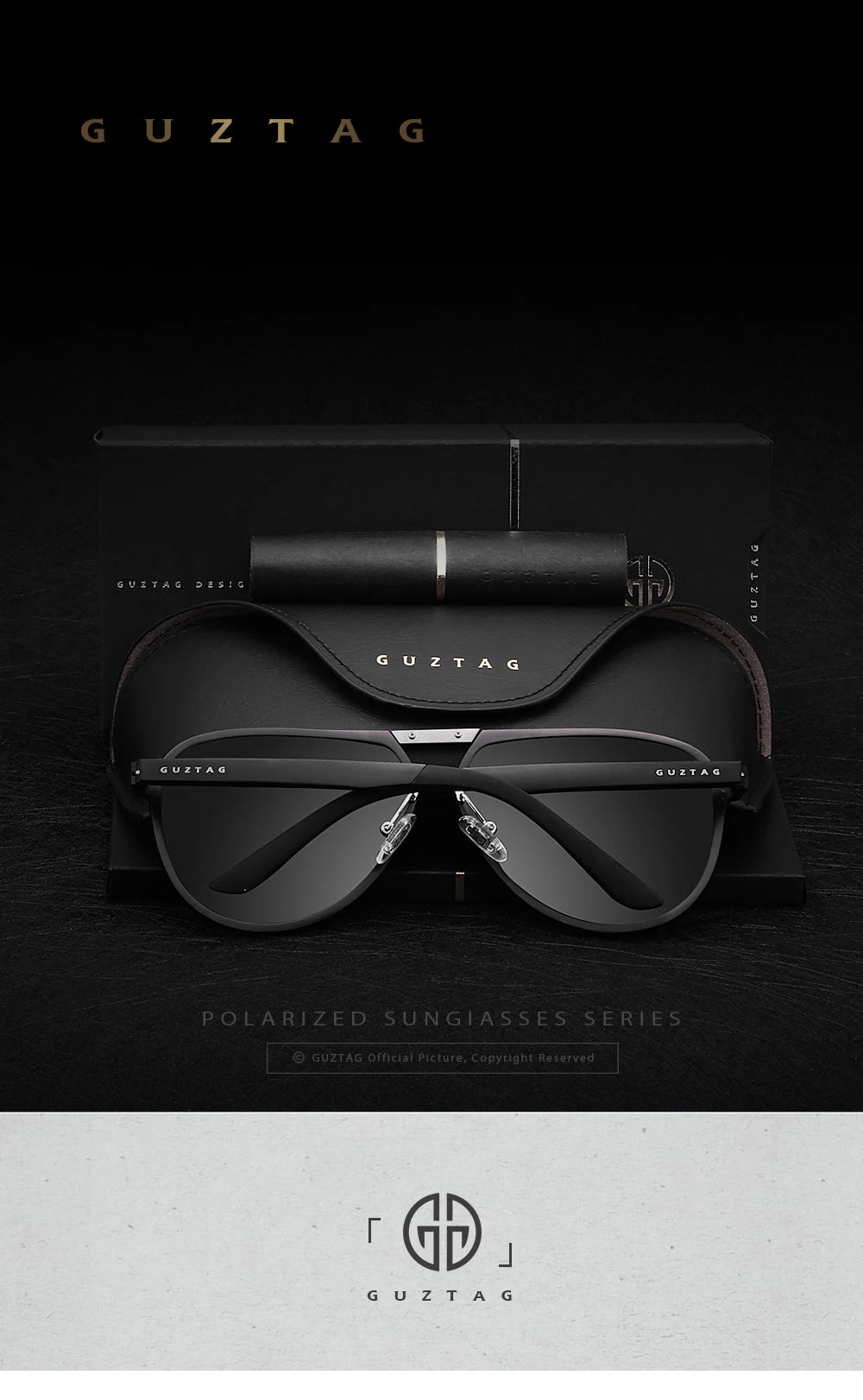 Ein Paar schwarze polarisierte Sonnenbrille mit dem Guztag-Logo auf dunklem Hintergrund.