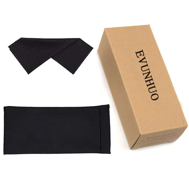 A box and two folded black microfiber cloths for progressive multifocus reading glasses with blue light protection