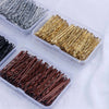 Three clear containers hold various strands of elegant metal hair clips in silver, gold, and copper tones.