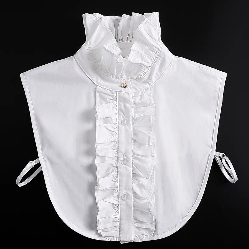 White blouse with a ruffled false collar and detachable neckline