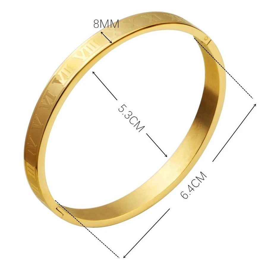 A gold-toned stainless steel ring featuring Roman numerals and marked dimensions.