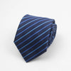 A dark blue striped necktie folded neatly on a white background.