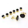 Un set d'”（cufflinks et serre-cravates élégants pour hommes avec des pierres d'onyx noir dans un métal doré.