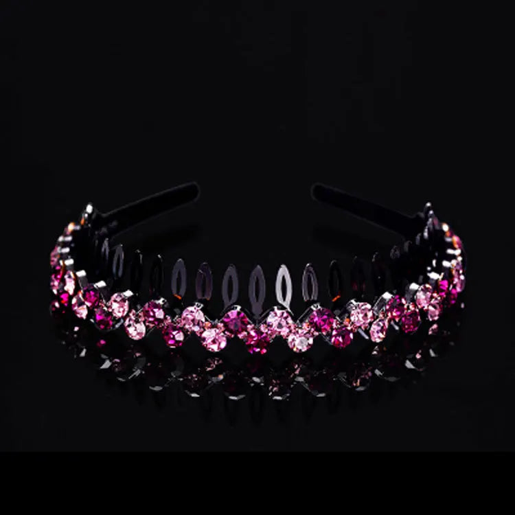 A black rhinestone anti-slip hairband for women decorated with pink and purple stones.