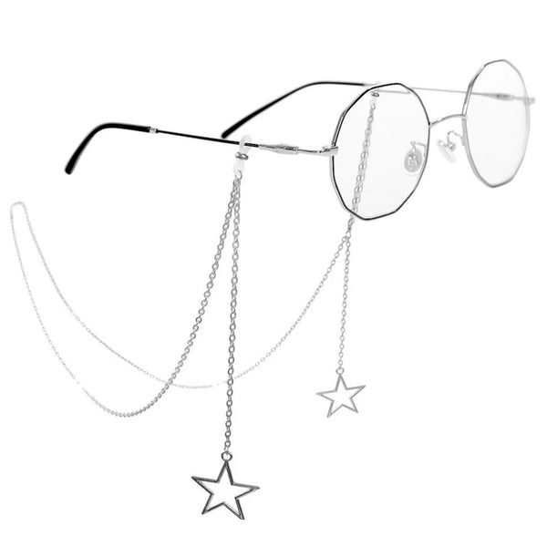 A pair of clear-framed eyeglasses with a delicate chain and star pendant lanyard.