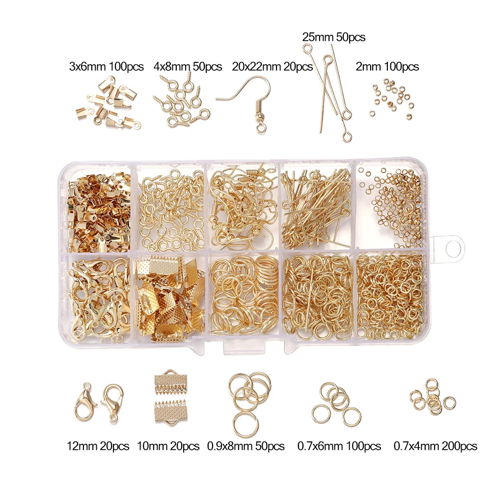 A collection of gold-colored jewelry findings including clasps, hooks, jump rings, and various sizes and quantities.