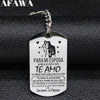 A white stainless steel keychain featuring a silhouette of a couple and Spanish text for a wife.