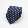 Navy blue striped necktie with silver dots folded neatly.