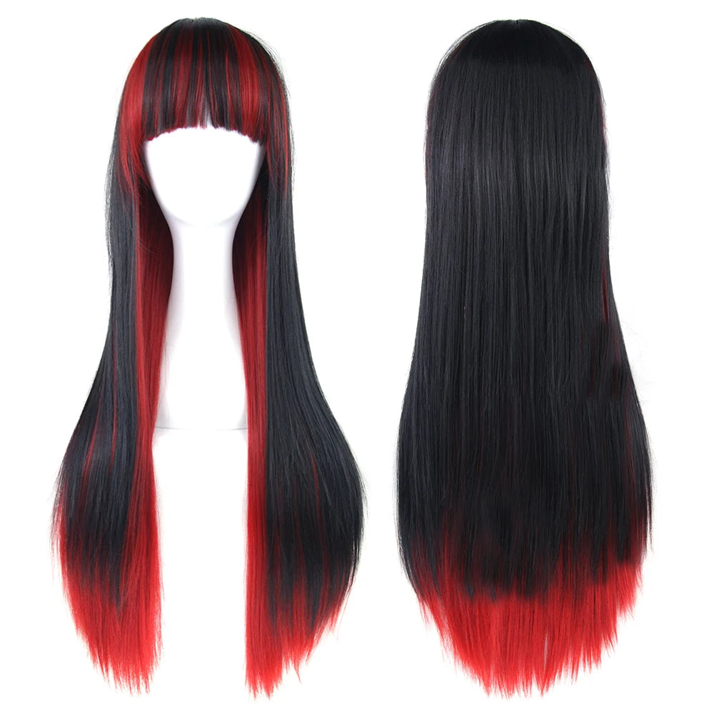 Long straight black hair with a vibrant red ombre tip displayed on a mannequin head.